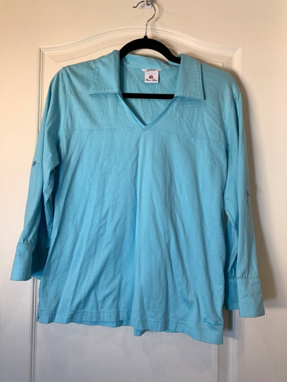 Pima Cotton Top Women’s Large Turquoise Blue Roll-Tab Sleeves Grace Lane  Casual